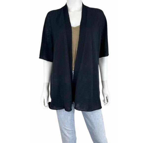 Eileen Fisher Organic Linen Open Half Sleeve Black Cardigan M - Picture 1 of 4